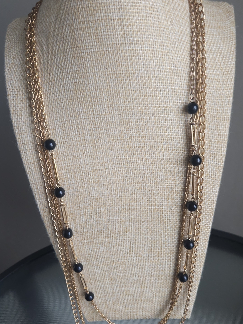 Vintage Long Gold Tone Necklace Multi Strand Design with Black Beads